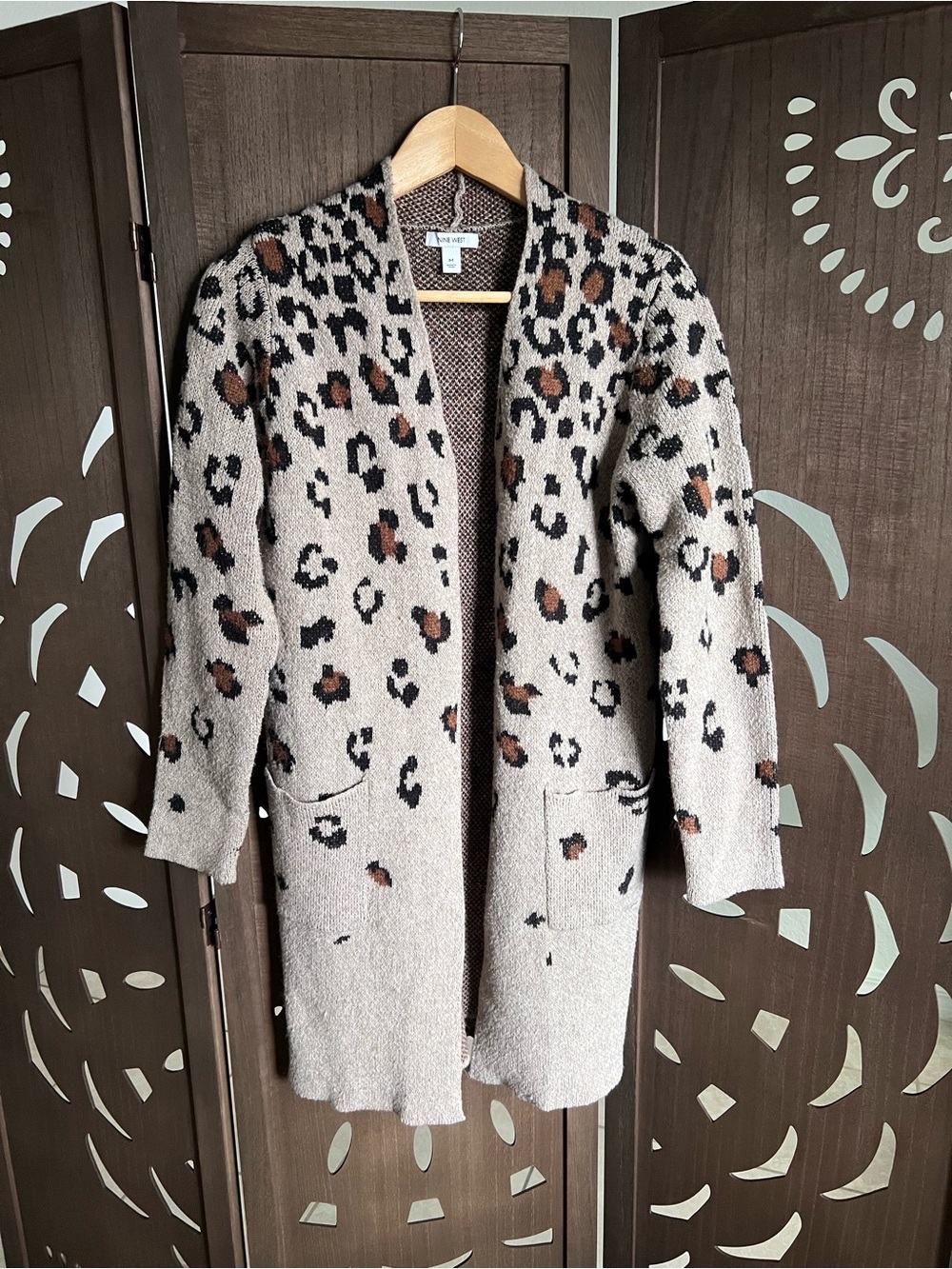 Nine West Taupe Leopard-Print Open-Front Teddy Cardigan